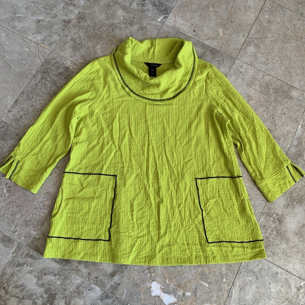 Ali Miles Tunic Top Womens L Green‎ Cowl Neck Pocket Crinkle Knit 3/4 Sleeve EUC